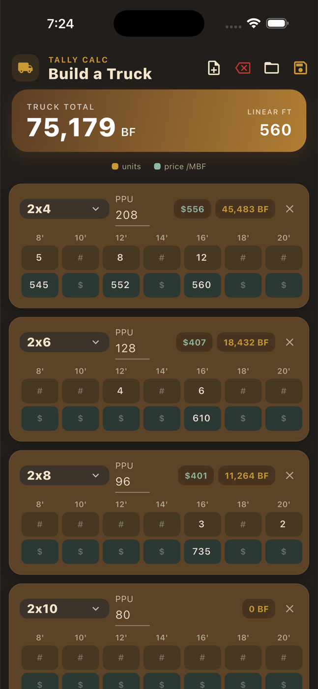 Lumber Tally Calculator, Build a Truck screen: truck total in board feet and linear feet, with a row per dimension showing pieces per unit, price per MBF and unit counts by length
