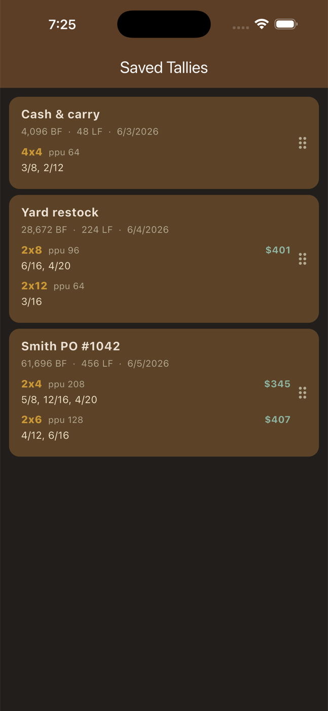 Lumber Tally Calculator, Saved Tallies screen: named tallies with board feet, linear feet, date and the per-dimension breakdown